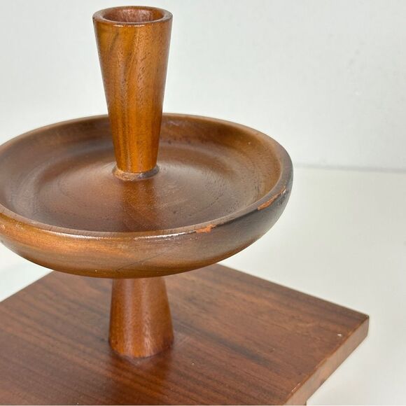 Vintage Walnut Wood MCM Lazy Susan Candle Holder 7 inch - Picture 5 of 7